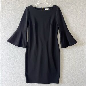Calvin Klein Womens Bell Sleeve Sheath Dress Size 8 Black Gold Zipper Office